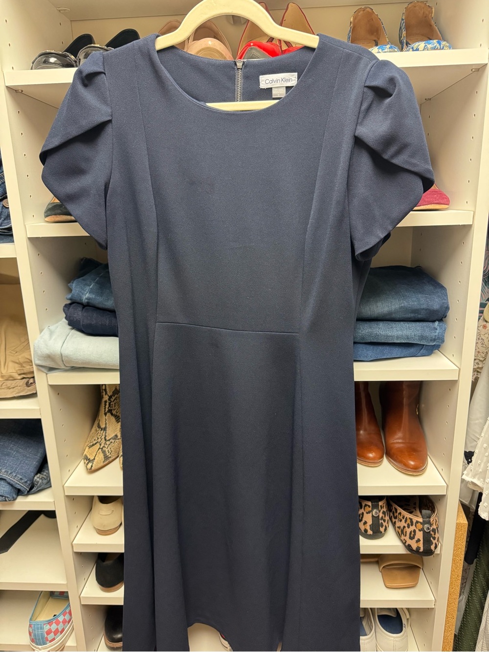 Calvin Klein Navy Puff-Sleeve Midi Dress